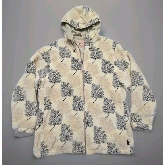 VTG Woolrich Full Zip Hooded Fleece Jacket Women's Large Leaves Trees USA Tan - Picture 1 of 11